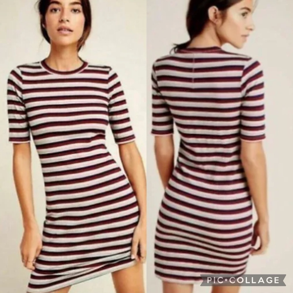 Stateside Cycle Court Ribbed Striped Bodycon Dress Size Medium Burgundy Tan